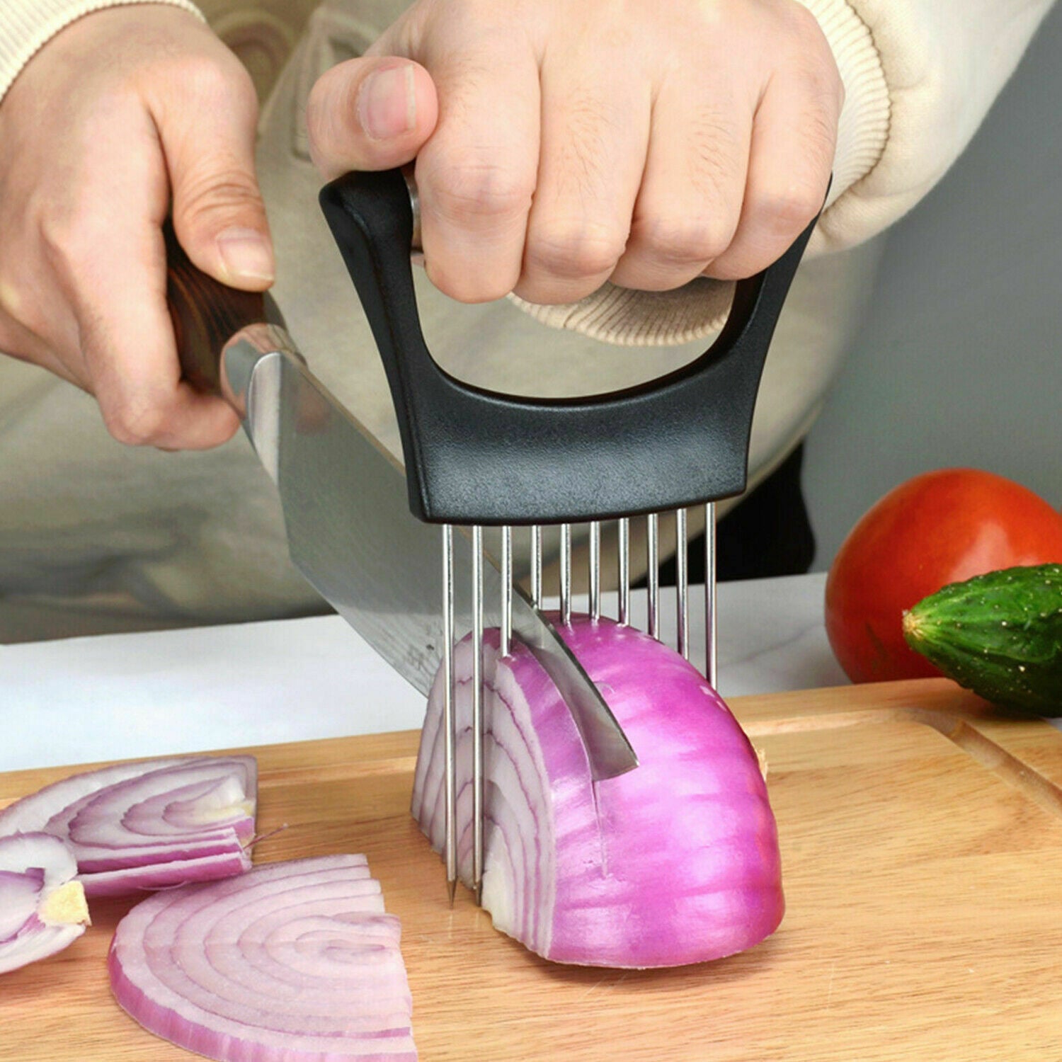 AUREVO™ Premium Stainless Steel Onion & Tomato Cutter  – Non-Slip Food Slice Assistant