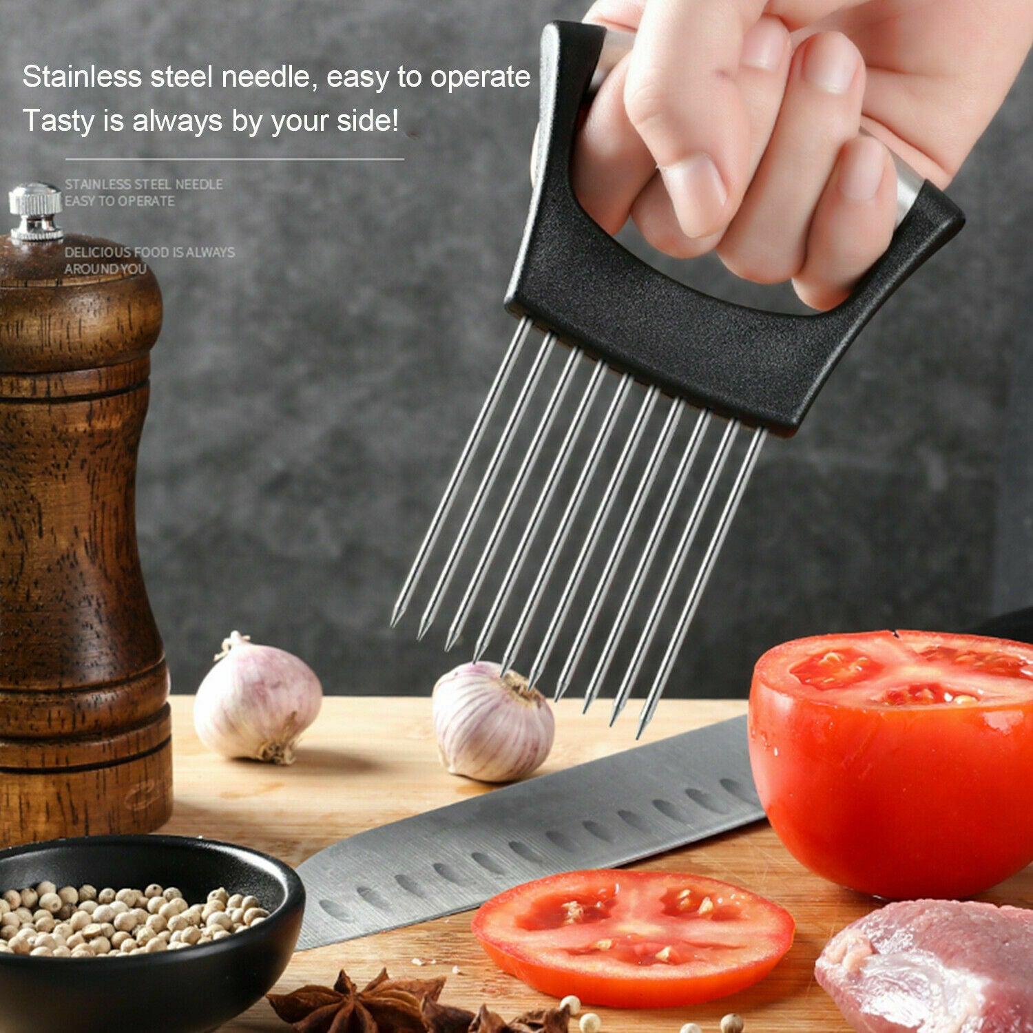 AUREVO™ Premium Stainless Steel Onion & Tomato Cutter  – Non-Slip Food Slice Assistant